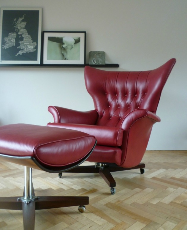 Vintage G Plan 6250 Swivel Chair in custom red leather footstool